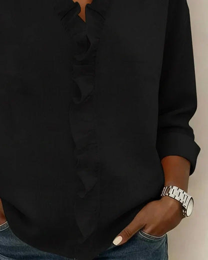 Women's Lightweight V-Neck Blouse with Ruffle Neckline Lifestyle