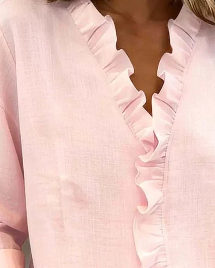 Women's Lightweight V-Neck Blouse with Ruffle Neckline View 11