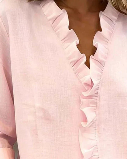 Women's Lightweight V-Neck Blouse with Ruffle Neckline View 11