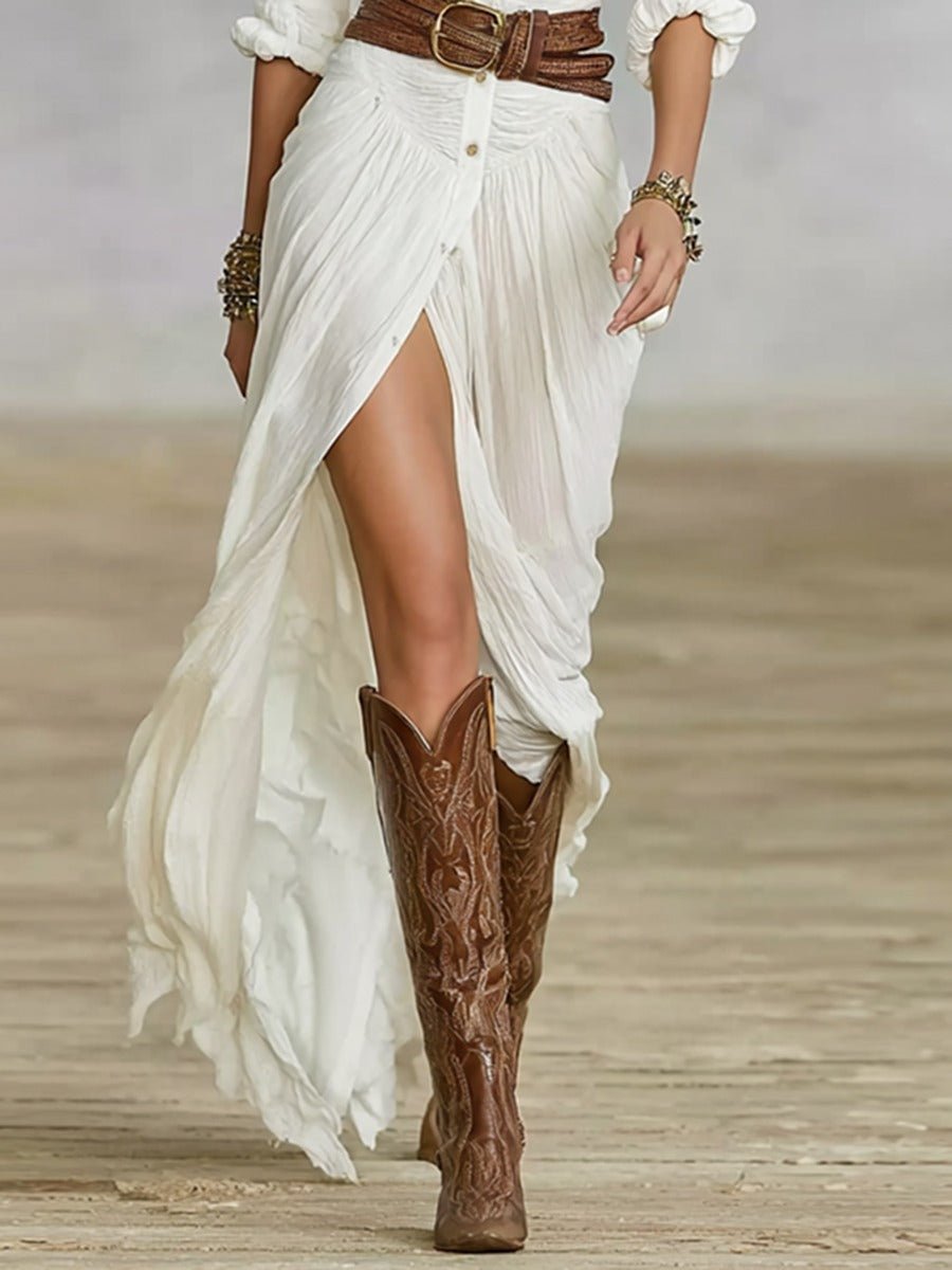 Women's Long Belted Dress with Pleated Lapels Back