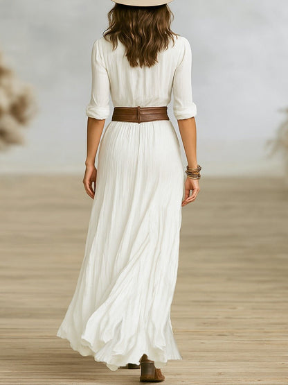 Women's Long Belted Dress with Pleated Lapels Lifestyle