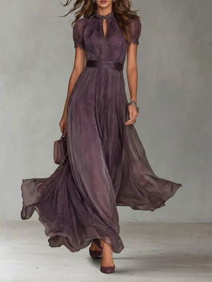 Women's Long Purple Drop-Neck Dress with Chiffon Trim Hero
