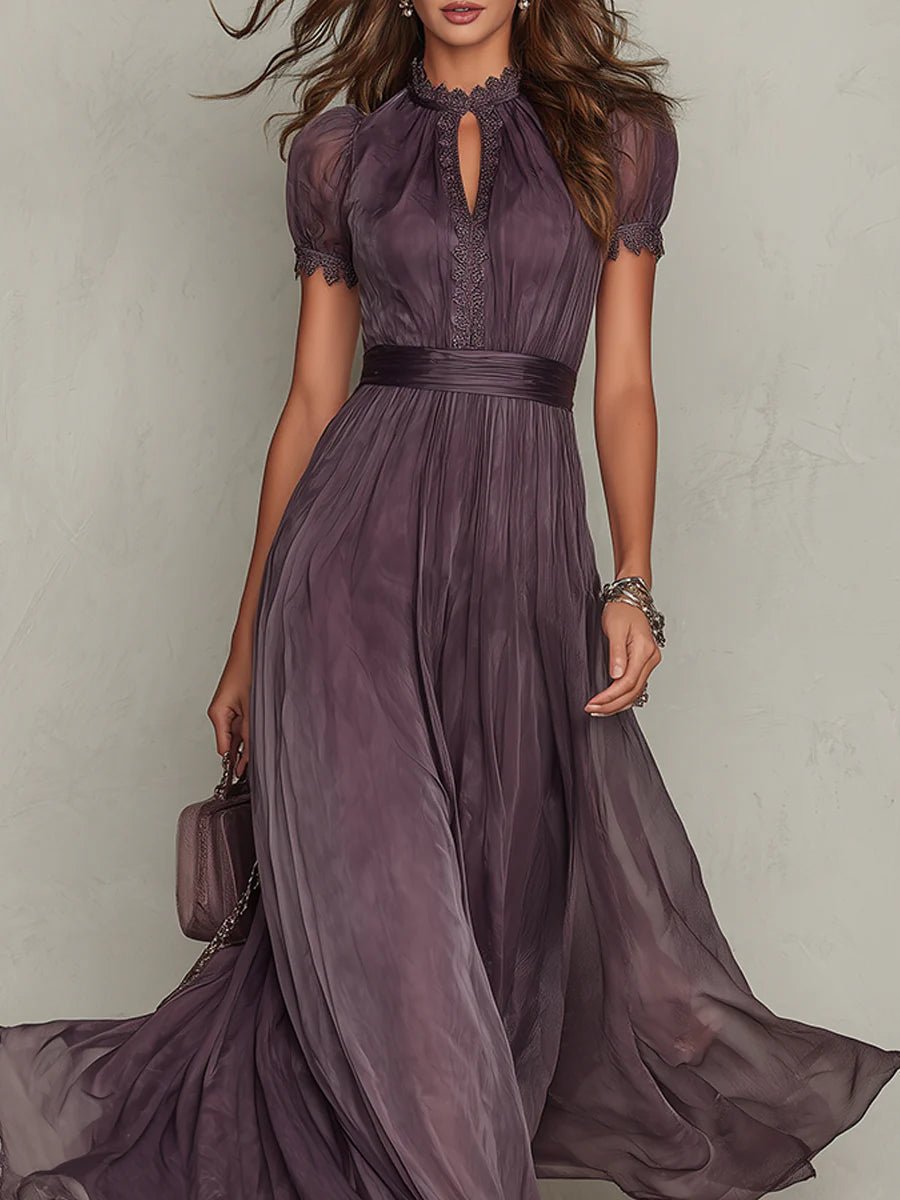 Women's Long Purple Drop-Neck Dress with Chiffon Trim Side