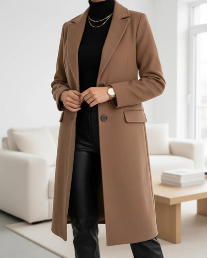 Women's Long Tailored Wool Coat with Notched Lapel Detail