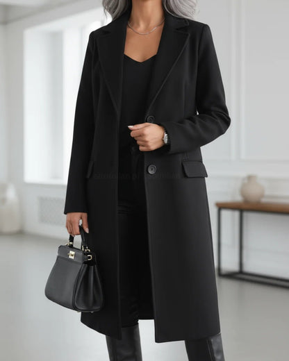 Women's Long Tailored Wool Coat with Notched Lapel Side