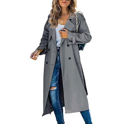 Women's Long Trench Coat | Classic Double-Breasted Style Side