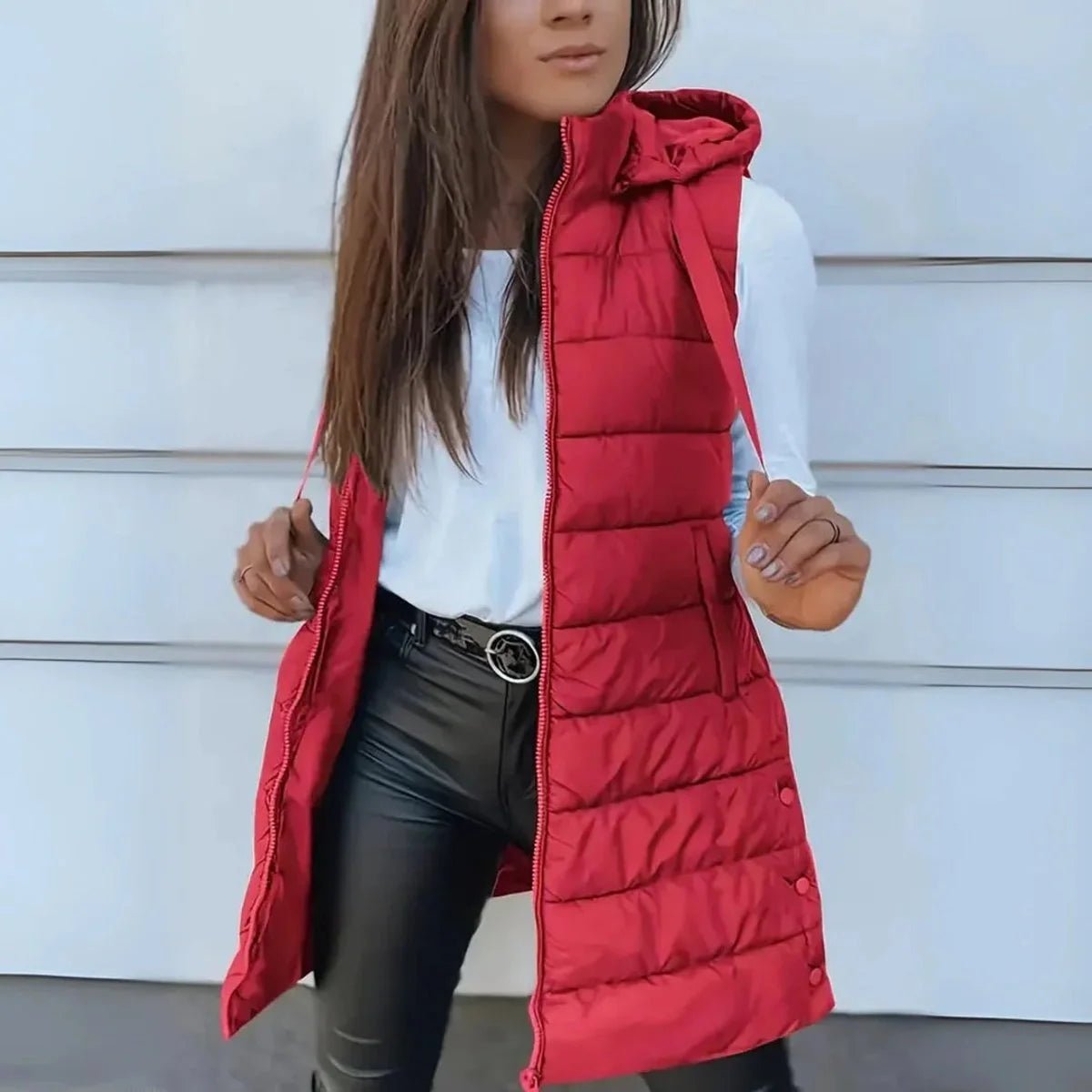 Women's Longline Hooded Sleeveless Puffer Vest for Layering Angle