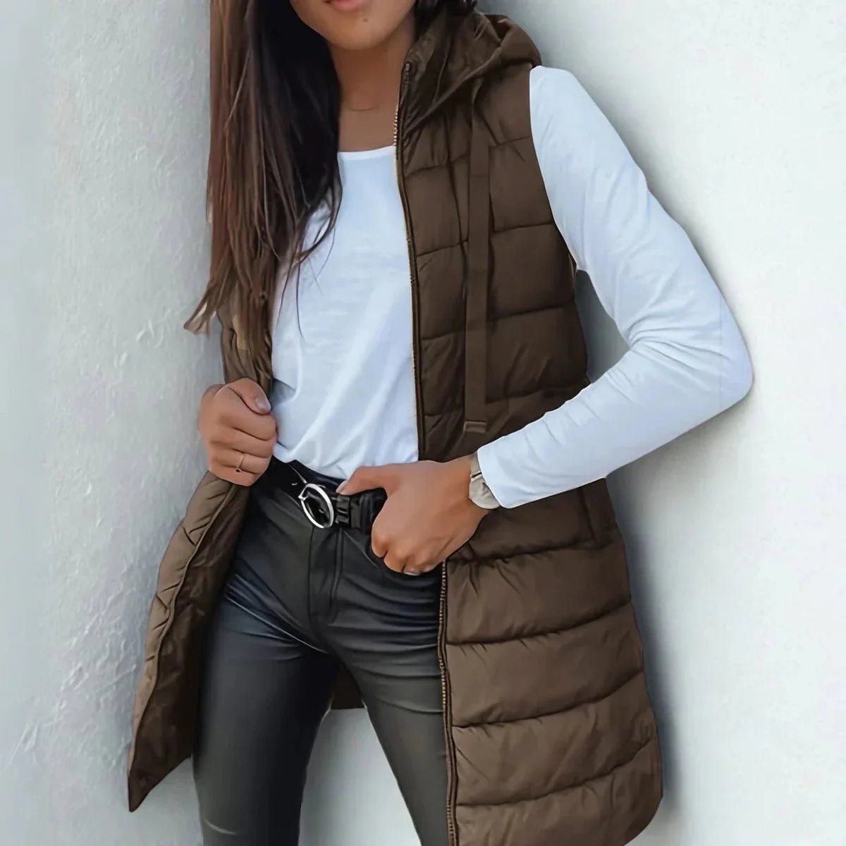 Women's Longline Hooded Sleeveless Puffer Vest for Layering Back