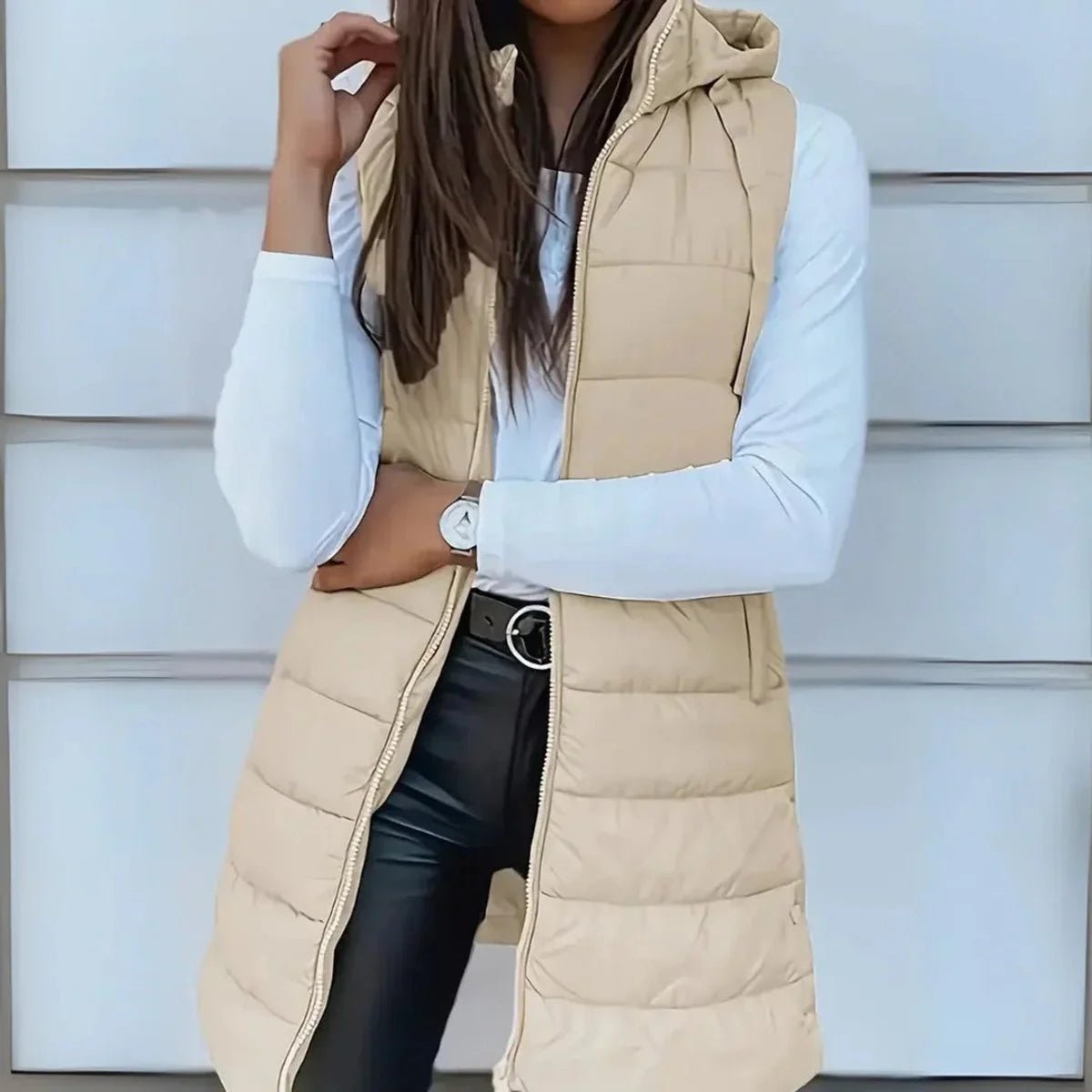 Women's Longline Hooded Sleeveless Puffer Vest for Layering Close Up