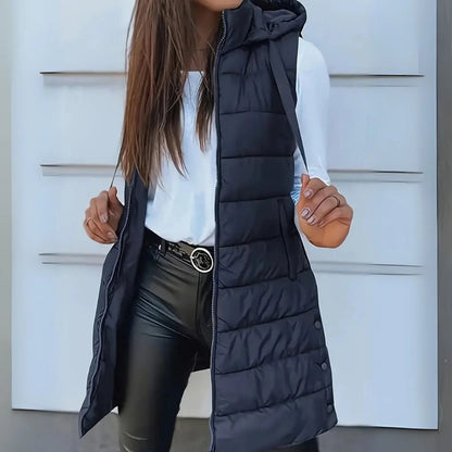Women's Longline Hooded Sleeveless Puffer Vest for Layering Detail
