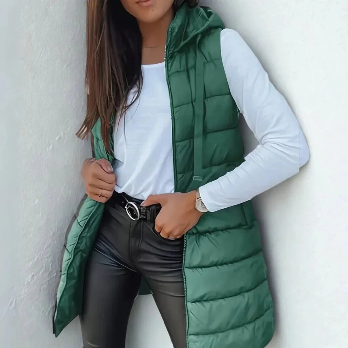 Women's Longline Hooded Sleeveless Puffer Vest for Layering Full