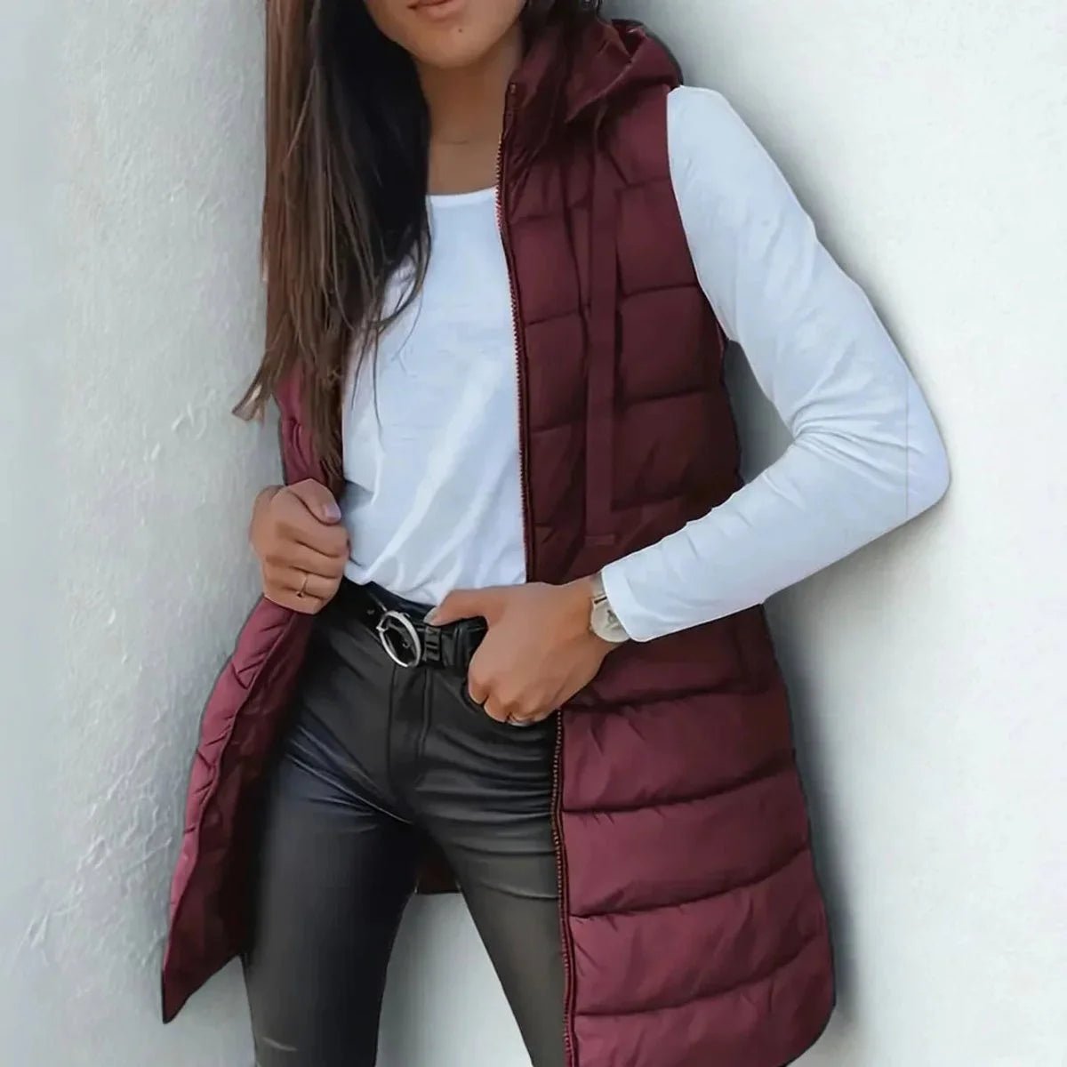 Women's Longline Hooded Sleeveless Puffer Vest for Layering Lifestyle