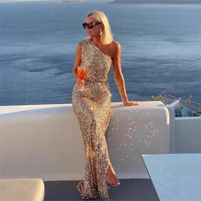 Women's One-Shoulder Sequin Cocktail Maxi Dress with Side Slit Detail