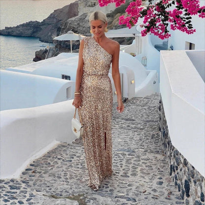 Women's One-Shoulder Sequin Cocktail Maxi Dress with Side Slit Hero