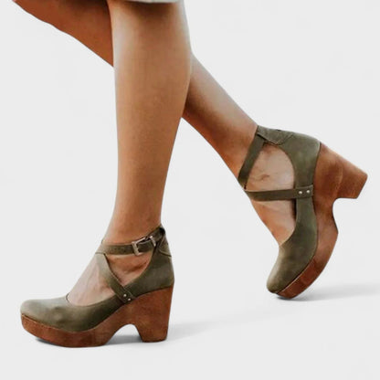Women's Orthopedic Leather Platform Sandals with Ankle Strap Close Up