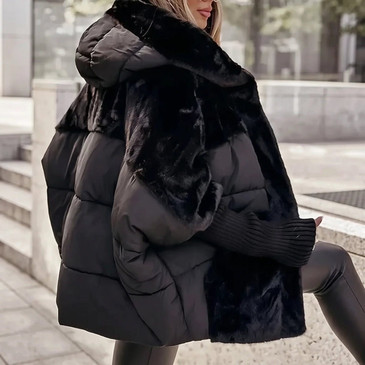 Women's Plush Hooded Coat with Quilted Faux Fur Detail Front