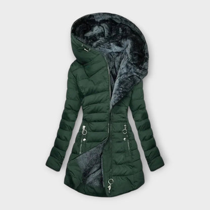 Women's Quilted Hooded Puffer Coat with Faux Fur Lining Detail