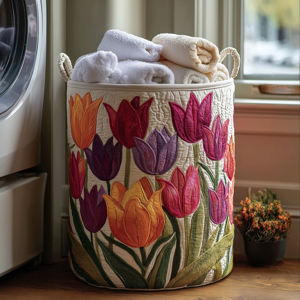 Women's Quilted Tulip Laundry Basket with Appliqué Charm Hero