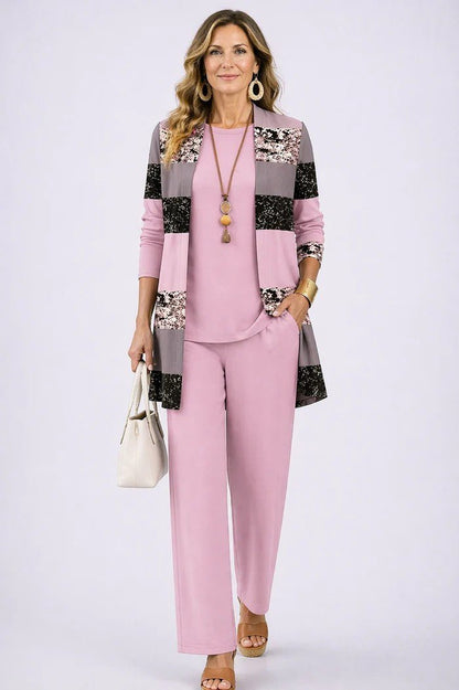Women's Relaxed 3-Piece Set | Cardigan Top and Wide-Leg Trousers Back