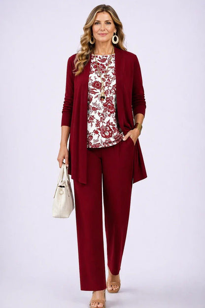 Women's Relaxed 3-Piece Set | Cardigan Top and Wide-Leg Trousers Close Up