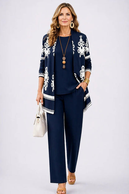 Women's Relaxed 3-Piece Set | Cardigan Top and Wide-Leg Trousers Lifestyle