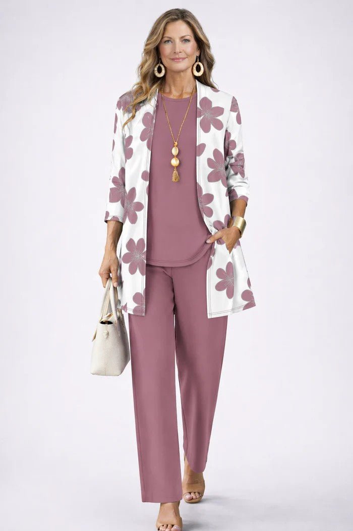Women's Relaxed 3-Piece Set | Cardigan Top and Wide-Leg Trousers View 11