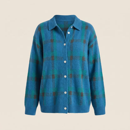Women's Retro Check Sweater with Shirt Collar Angle