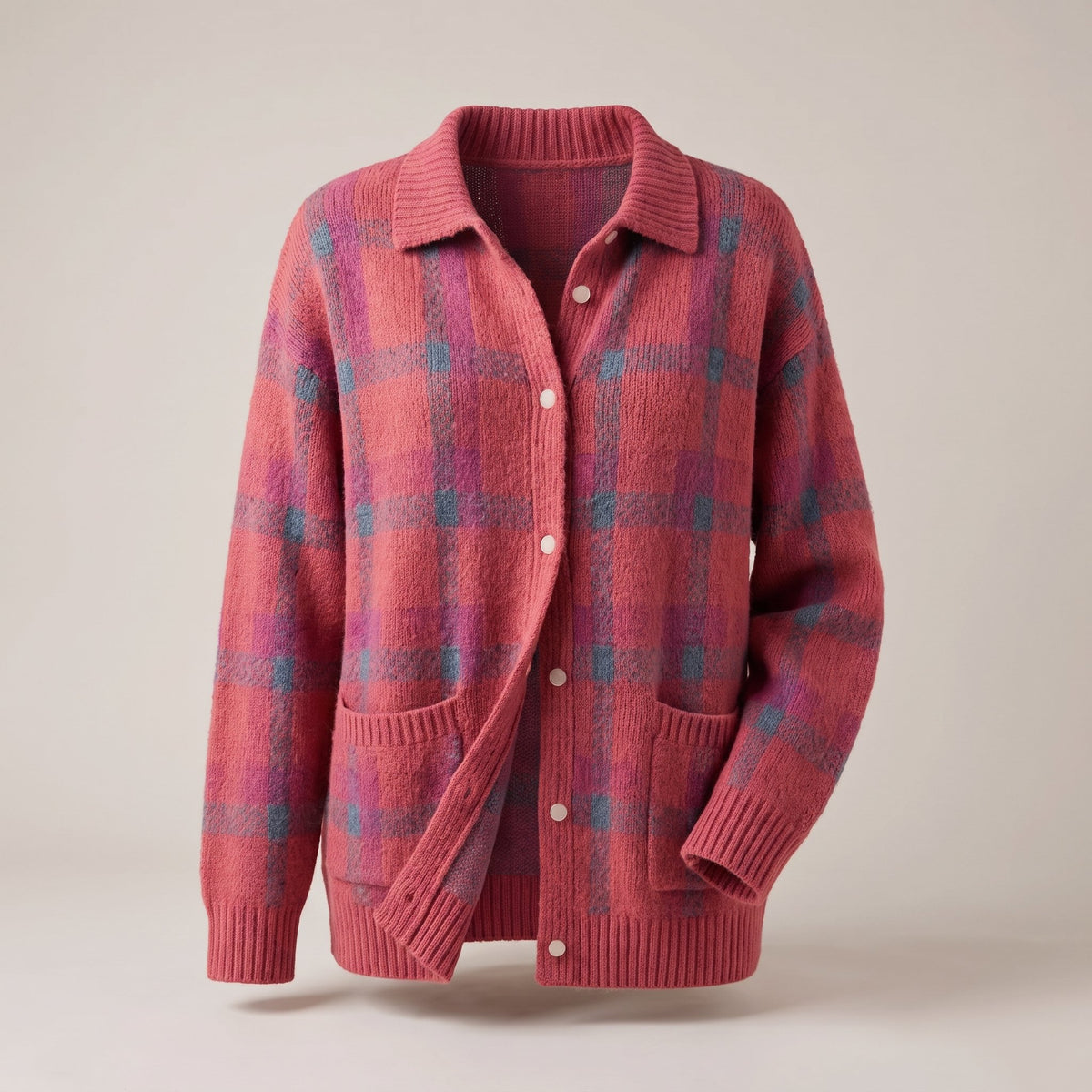 Women's Retro Check Sweater with Shirt Collar Back