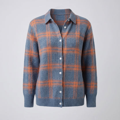 Women's Retro Check Sweater with Shirt Collar Detail