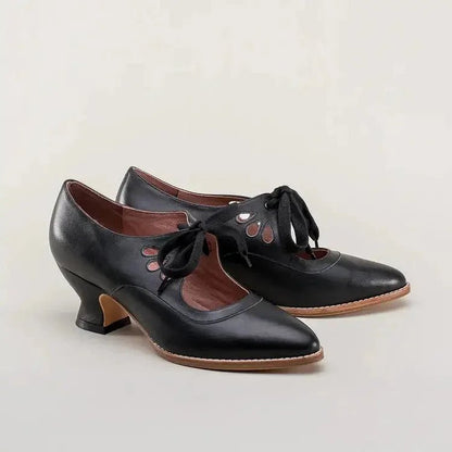 Women's Retro Leather High Heels | Flared Heel Cutout Style Close Up