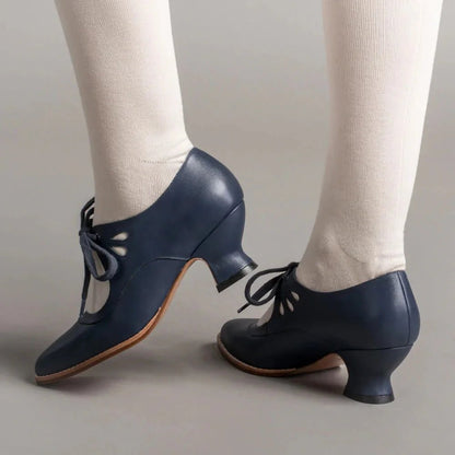 Women's Retro Leather High Heels | Flared Heel Cutout Style Side