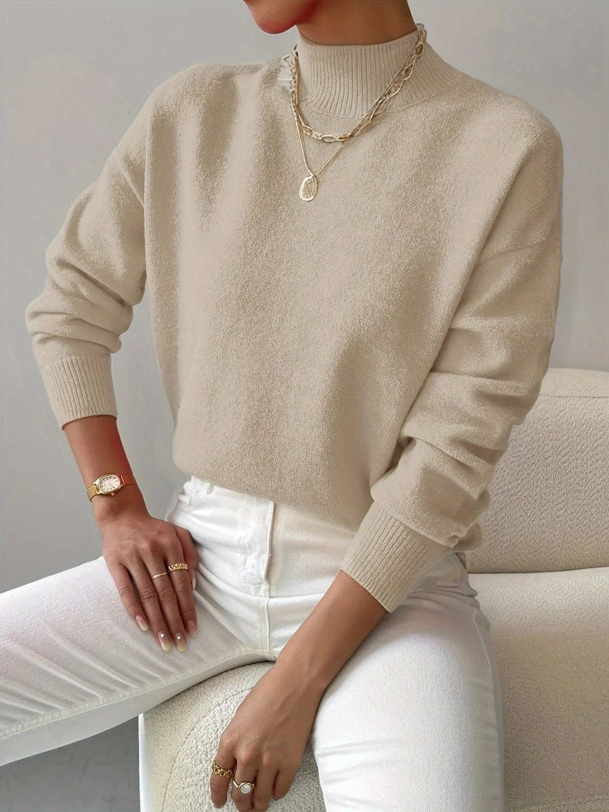 Women's Ribbed Roll Neck Sweater with Fitted Cuffs Back