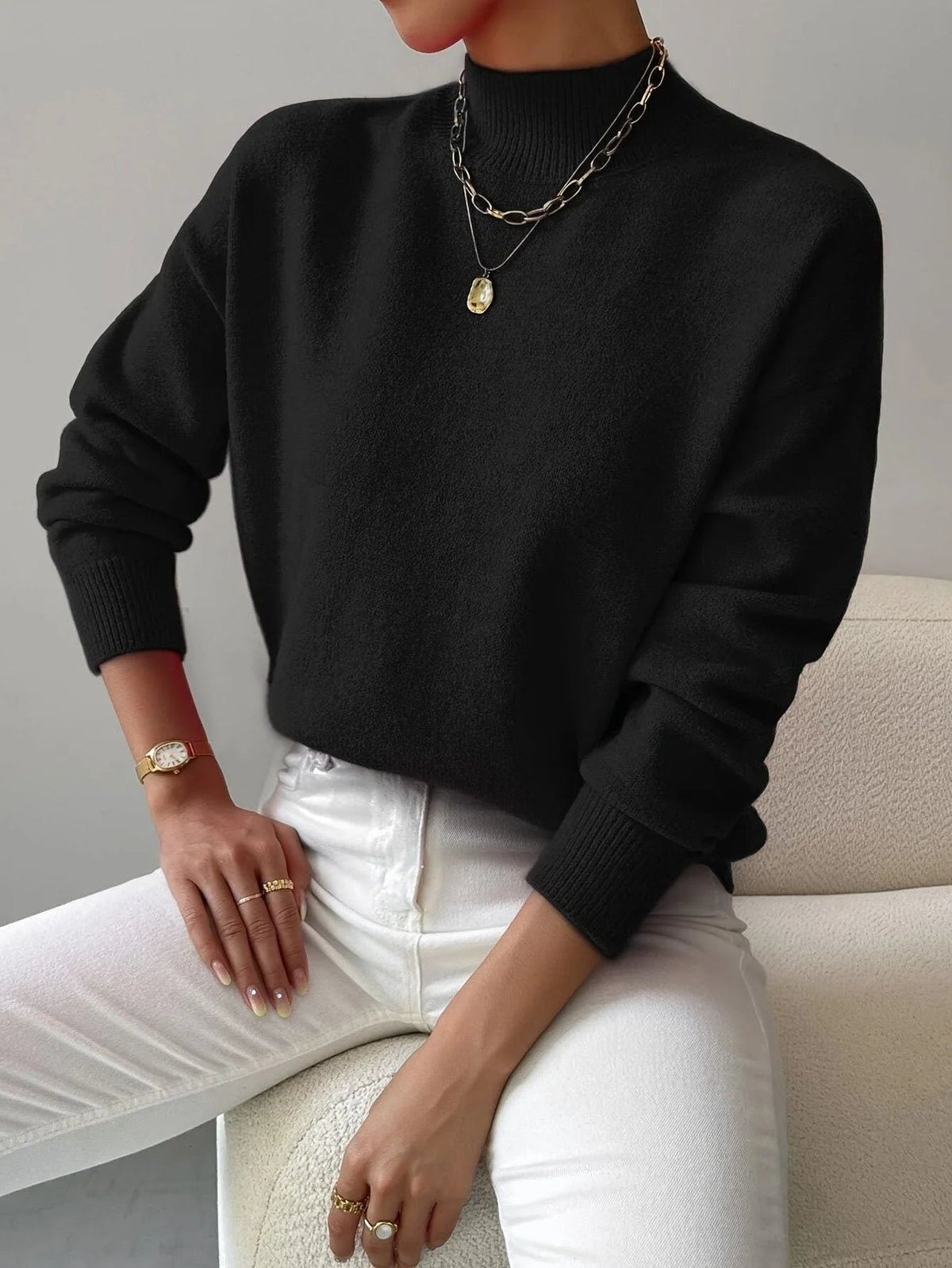 Women's Ribbed Roll Neck Sweater with Fitted Cuffs Close Up