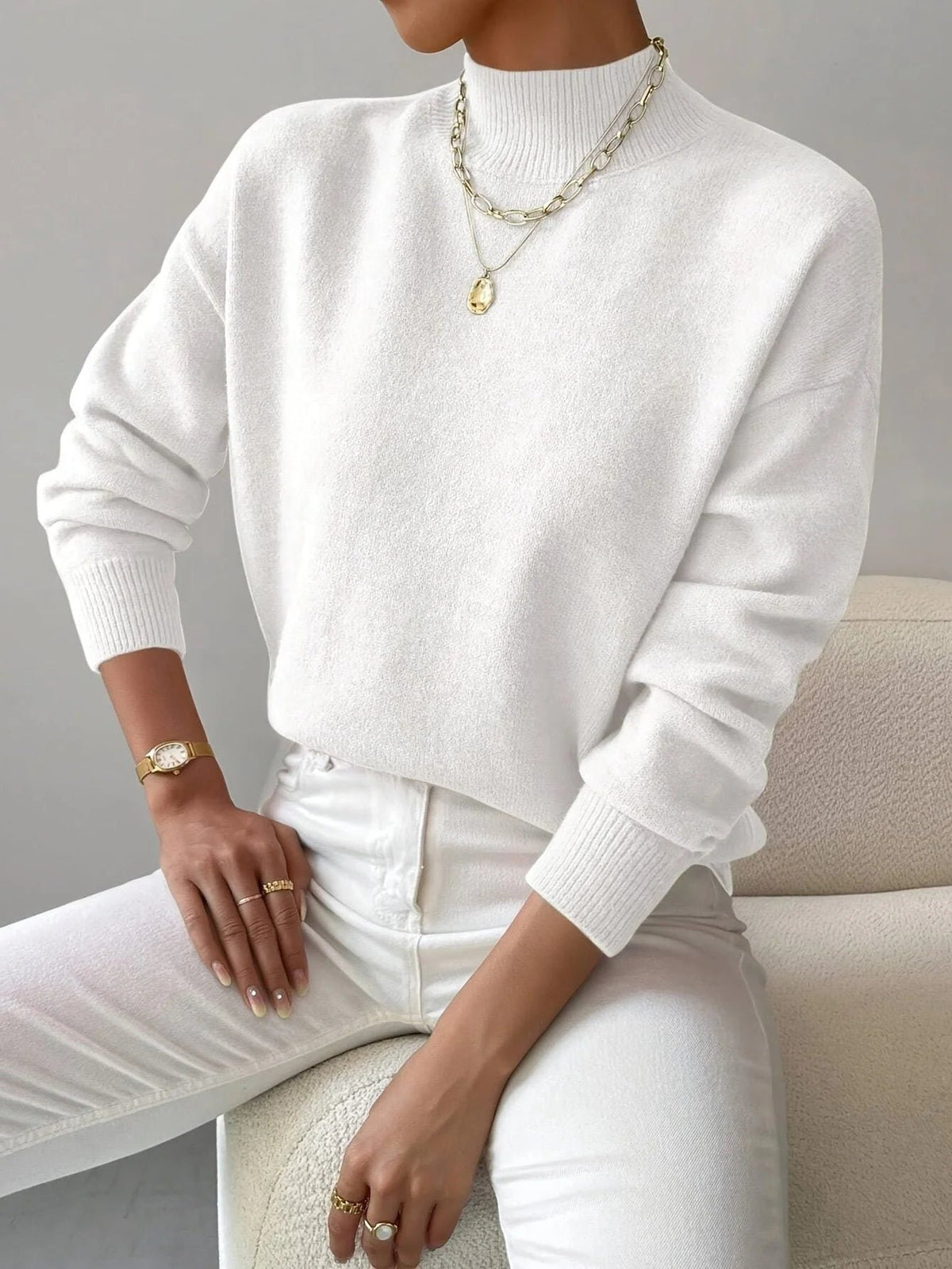 Women's Ribbed Roll Neck Sweater with Fitted Cuffs Front
