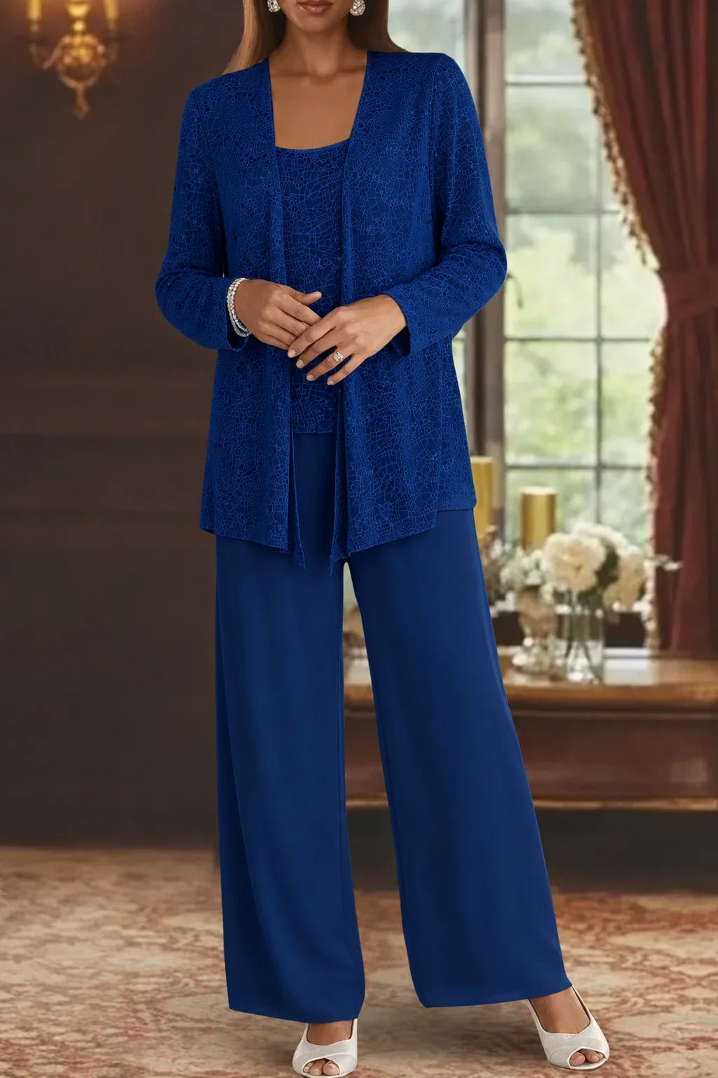 Women's Sequin Three-Piece Set | Wide Leg Evening Occasion Angle