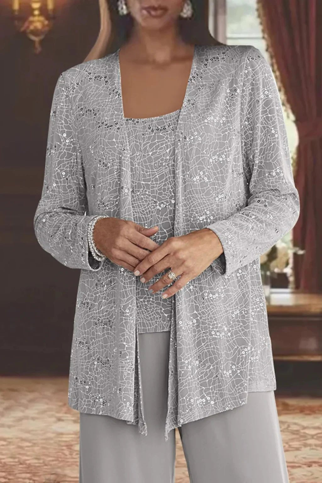 Women's Sequin Three-Piece Set | Wide Leg Evening Occasion Detail