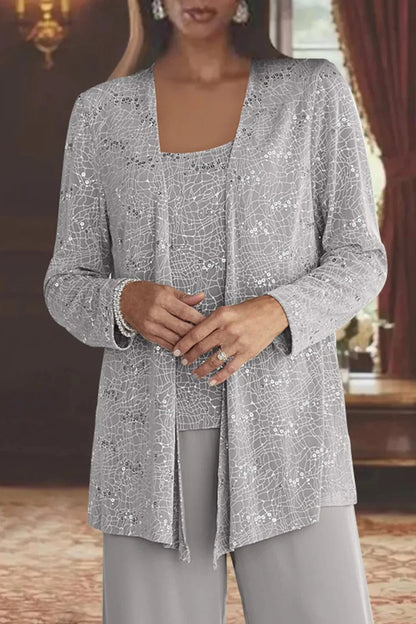 Women's Sequin Three-Piece Set | Wide Leg Evening Occasion Detail