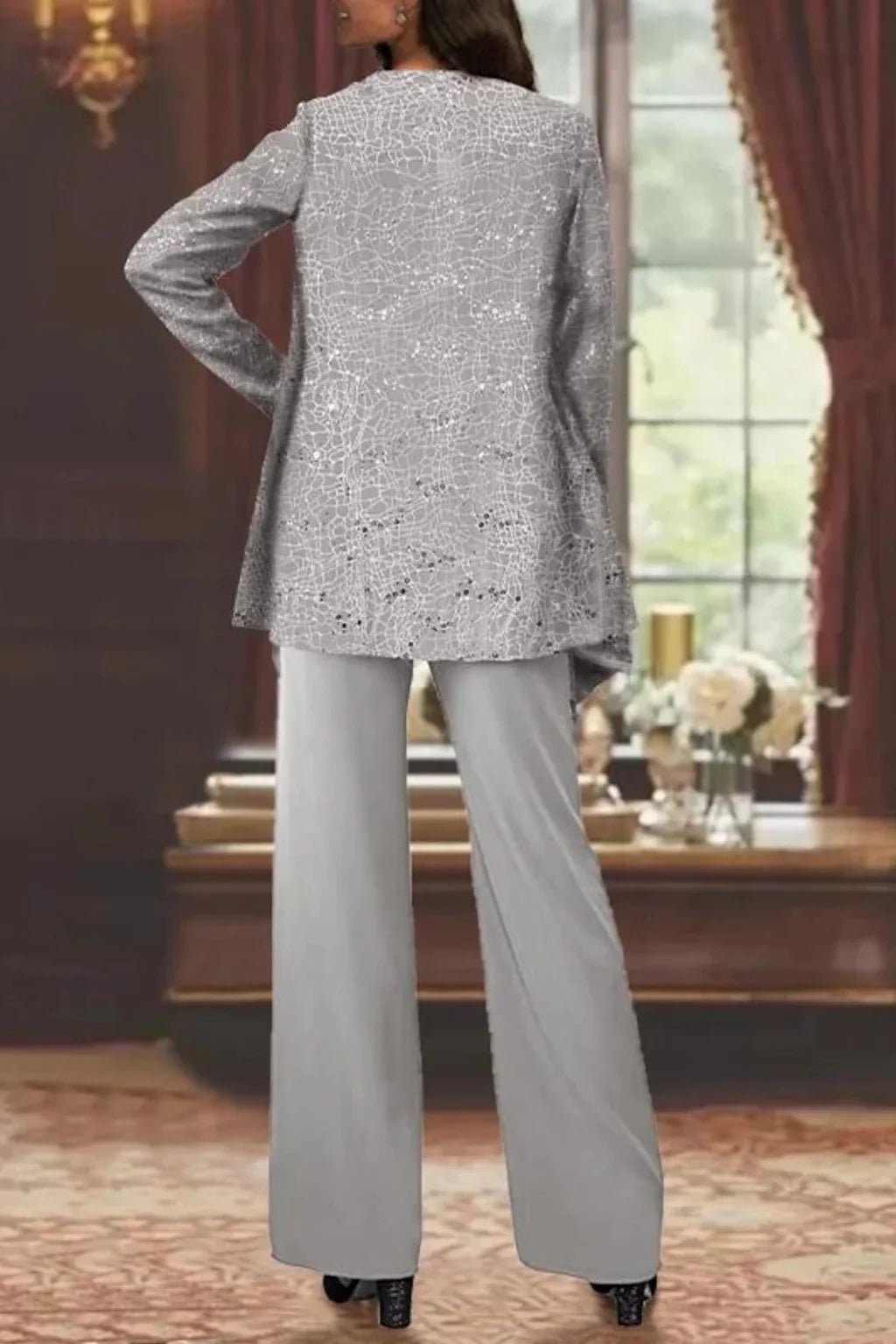 Women's Sequin Three-Piece Set | Wide Leg Evening Occasion Side