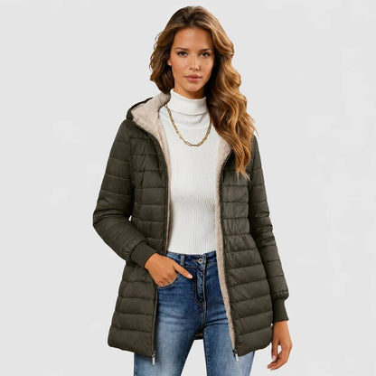 Women's Sherpa-Lined Puffer Jacket with Ribbed Cuffs and Hood Back