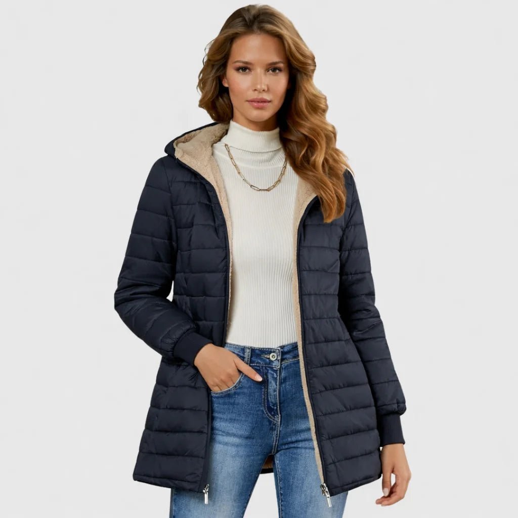 Women's Sherpa-Lined Puffer Jacket with Ribbed Cuffs and Hood Detail
