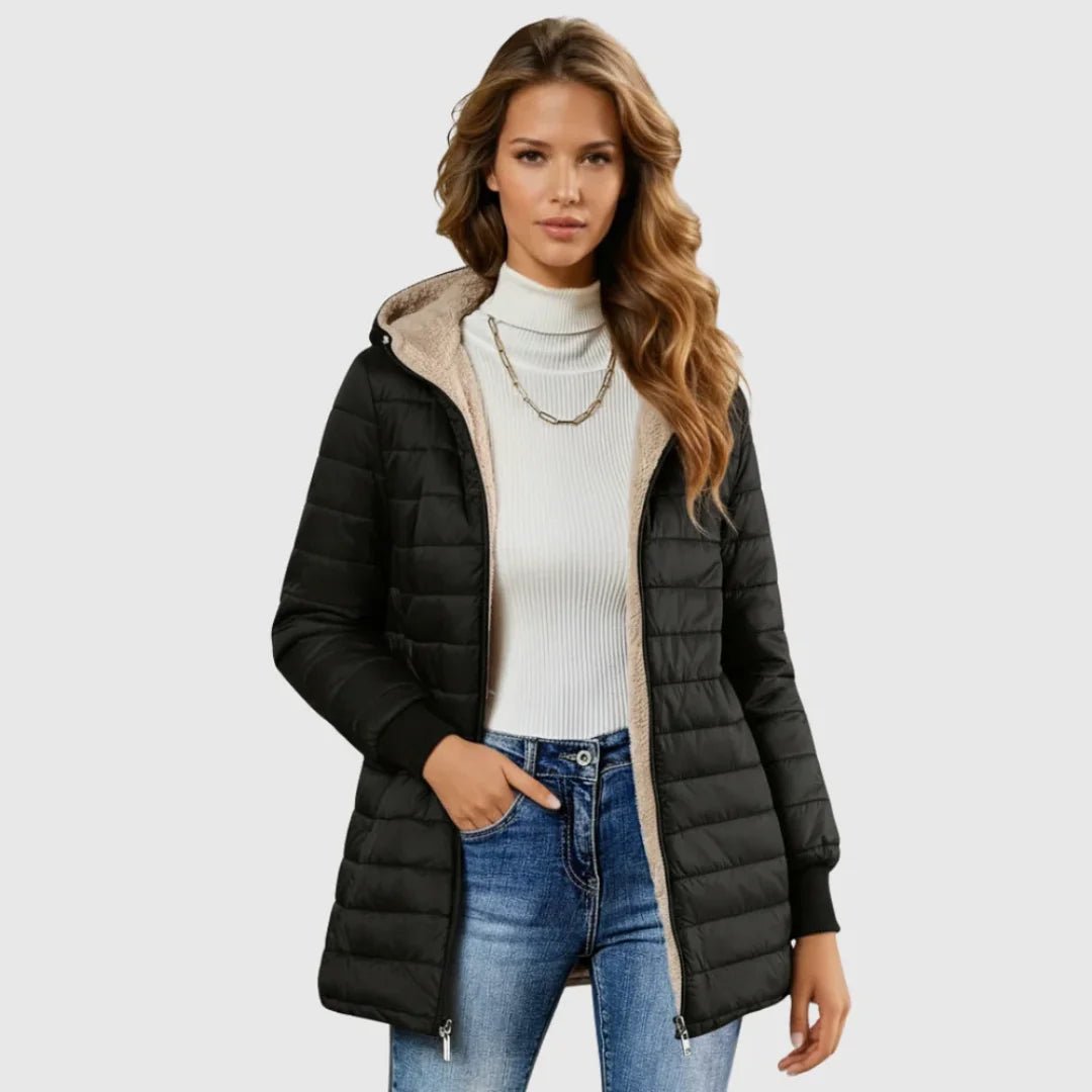 Women's Sherpa-Lined Puffer Jacket with Ribbed Cuffs and Hood Front