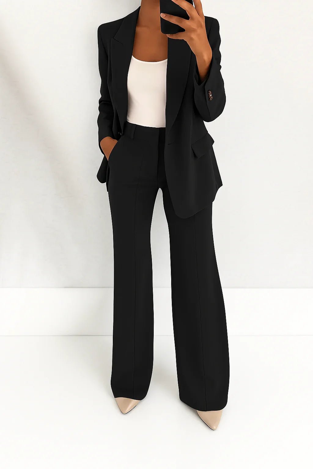 Women's Tailored Blazer Set | Straight Leg Trousers Suit Close Up
