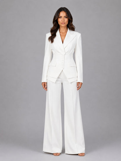 Women's Tailored Two-Piece Suit | Wide-Leg Trousers Cinched Waist Side