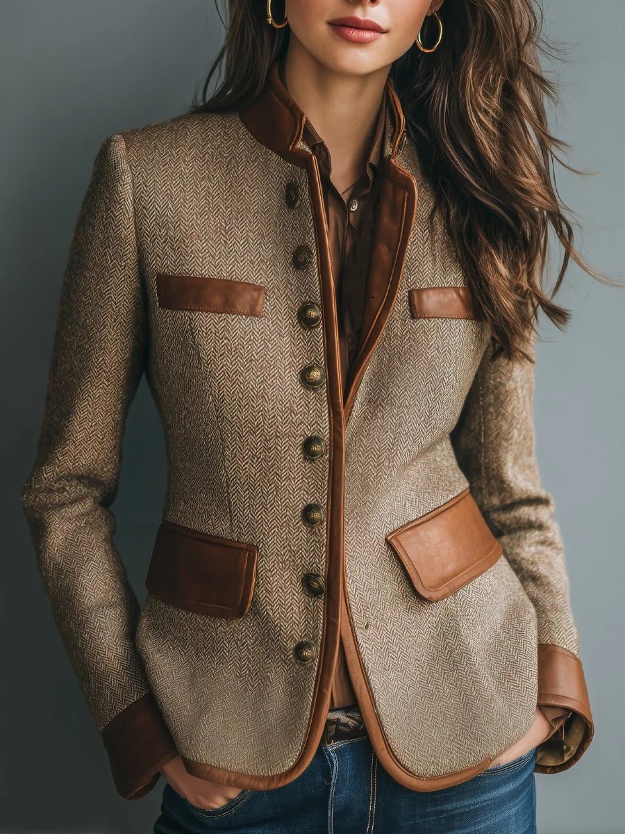 Women's Vintage Herringbone Tweed Jacket with Leather-Trim Detail Hero
